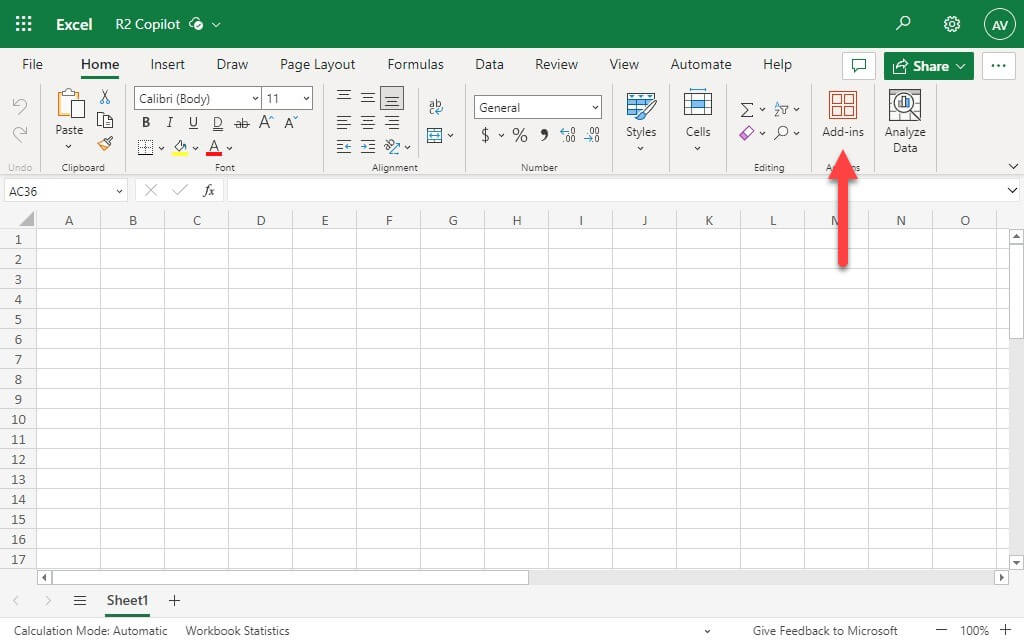 Go to the Excel ribbon (Home tab) and click on the [Add-ins] button.